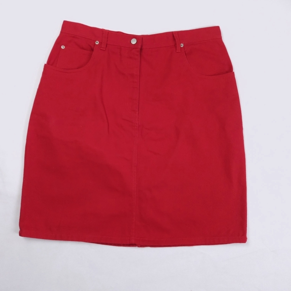 Bill Blass Vintage Red 100% Cotton Denim Jean Mini Skirt With Belt Loops 16W